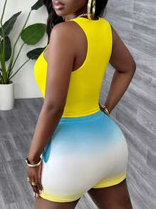 Slaydiva 2 cái/bộ Áo ba lỗ và quần short màu ombre thông thường dành cho nữ - Nhiều màu - Xem 2