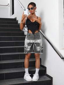 SHEIN PETITE 女款帶口袋劍邊休閒牛仔短褲 - 淺灰色 - 查看 5