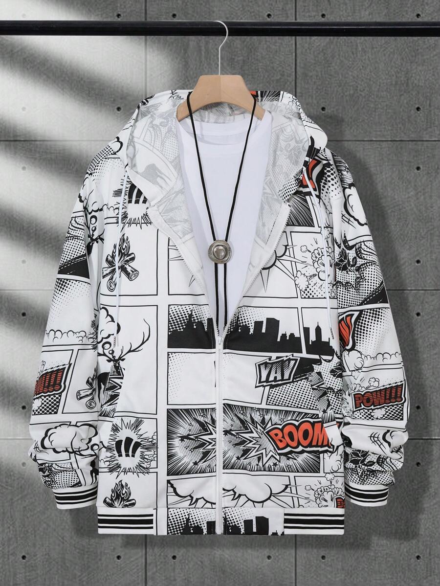 Manfinity LEGND 大码男式卡通印花拉链连帽休闲运动衫 - 白色 - 查看 1