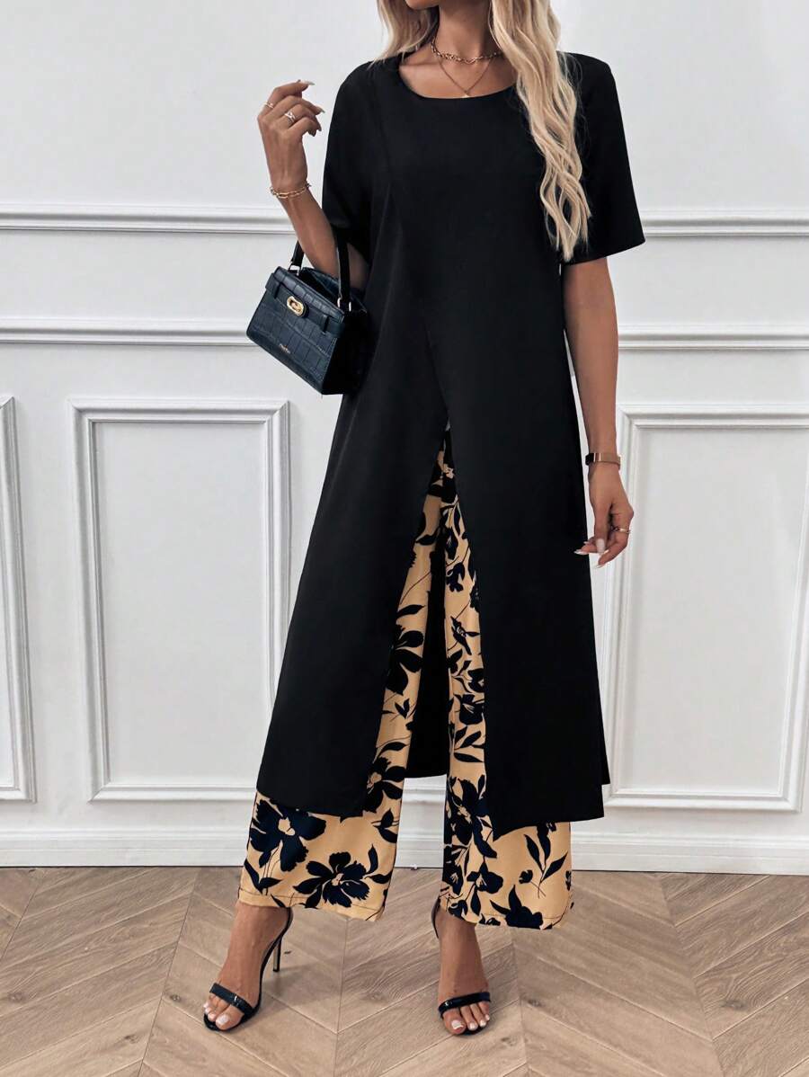 EMERY ROSE 2 件春夏休闲纯色开叉长上衣和花卉印花长裤套装 - 黑色 - 查看 1