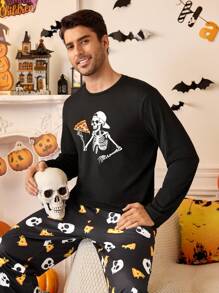 2 piezas Conjunto de pijama de manga larga con estampado de esqueleto y pizza para hombre en Halloween - Negro - Ver 1