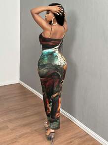 SHEIN SXY 优雅性感修身长款大理石印花吊带连衣裙返校节连衣裙，夏季连衣裙 春季服装 - 彩色 - 查看 2