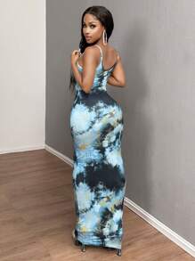 SHEIN SXY 大码女式春夏优雅性感舒适扎染图案吊带裙返校节礼服，适合日常穿着、婚礼 - 藍色 - 查看 2