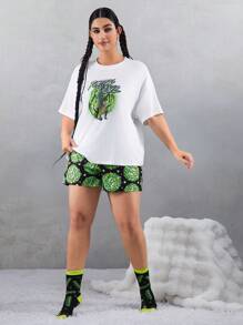 Rick and Morty X SHEIN Plus Size Casual Y2K Streetwear Dark Green & White Simple Line Graffiti Print Size Short Sleeve T-Shirt And Shorts Pajama Set - Multicolor - View 8