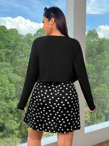 SHEIN EZwear Plus Size Women's Casual Daily/School/Dating Sleeveless Black & White Polka Dot Loose Swing Dress With V-Neck, Long Sleeve, Sexy Sheer Mesh Ruffle Trim, Bow Accent. 2-Piece Set