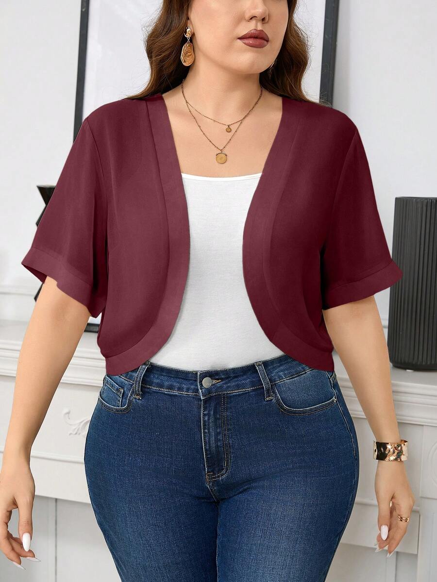SHEIN Clasi Áo khoác hở trước tay ngắn màu trơn cỡ lớn cho nữ, mùa thu - Màu Đỏ Sâu - Xem 1