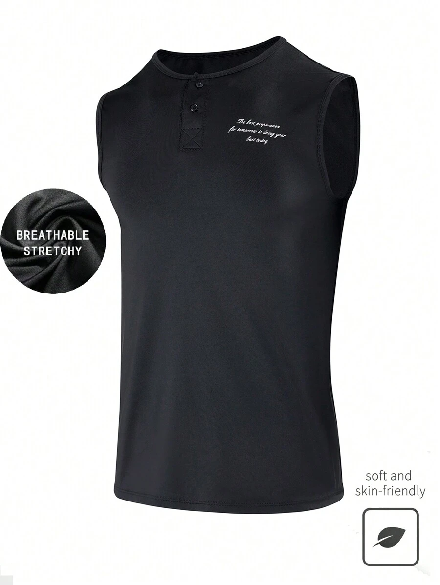 GymBeat Boyfriend Style Men's Solid Color Front Button Placket Letter Print Casual Sleeveless Tank Top School Compression Shirt Men - Black - View 1