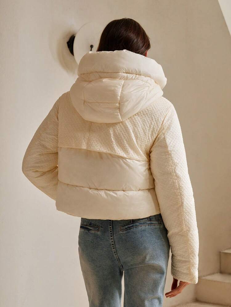 Winter Women Crinkle Fabric Patchwork Hooded Casual Fashion Short Jacket
