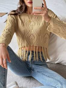 Chiquease Fringe Hem Pointelle Knit Sweater For Spring & Summer, Knit Pullover Fall Winter - Khaki - View 5