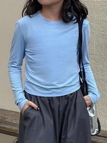 DAZY 1 件女童纯色休闲百搭 T 恤 - 藍色 - 查看 5