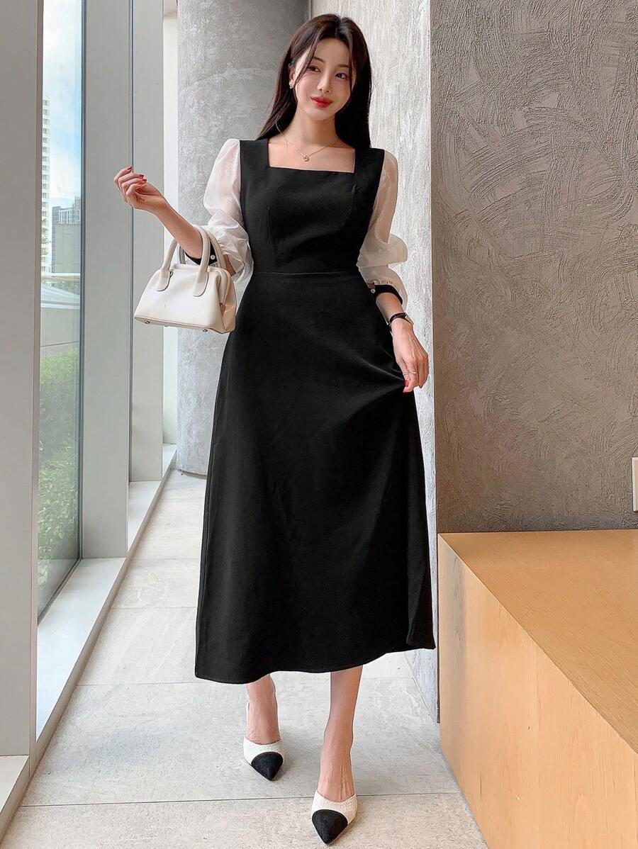 DAZY Đầm lưới mỏng tay dài cổ vuông phối màu cho nữ, xuân thu, bèo nhún - Đen và trắng - Xem 1