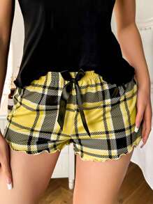 女士格子印花蝴蝶结细节短裤睡裤