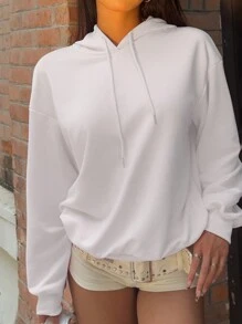 SHEIN EZwear 休闲简约汽车印花连帽宽松厚款女士运动衫，适合秋冬季 - 白色 - 查看 3
