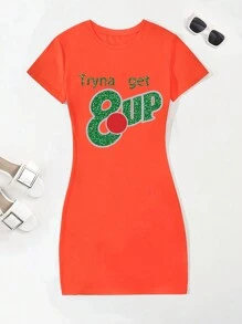 大尺碼夏季休閒亮片字母印花短袖連衣裙，多種風格可選