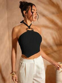 SHEIN Unity Gold Hardware Detail Asymmetrical Hem Halter Crop Top - Black - View 4