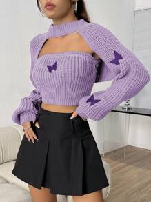 SHEIN Unity Bộ 2 chiếc áo len thêu bướm mùa thu/đông và áo crop top dệt kim - Màu tím hoa cà - Xem 3