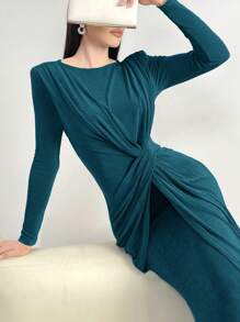 Modelyn 女士优雅纯色垫肩褶皱腰连衣裙，春秋长款晚礼服