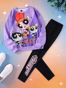 THE POWERPUFF GIRLS X SHEIN 少女卡通印花时尚紫色圆领运动衫和黑色字母印花紧身裤套装 - 紫丁香色 - 查看 1
