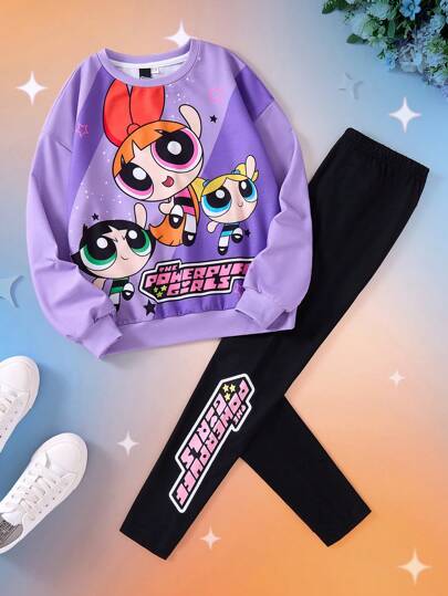 THE POWERPUFF GIRLS X SHEIN 少女卡通印花时尚紫色圆领运动衫和黑色字母印花紧身裤套装