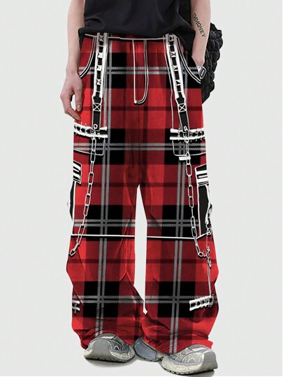 Grunge Punk Men's Drawstring Waist Plaid Wide Leg Loose Casual Sweatpants, School