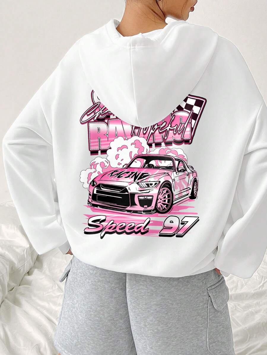 SHEIN EZwear 休闲简约汽车印花连帽宽松厚款女士运动衫，适合秋冬季 - 白色 - 查看 1