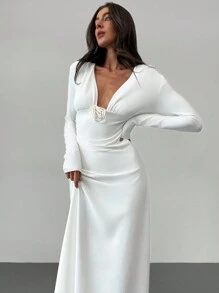Aloruh 1 Máy Tính Lãng Mạn Ngày Đêm Ôm Body Cổ Chữ V Sâu Tay Dài Họa Tiết Hoa Xù Viền Váy Trắng Dành Cho Nữ - trắng - Xem 6
