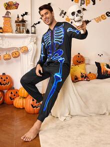 Manfinity Męska piżama kombinezonowa na Halloween, świecąca w ciemności, z nadrukiem czaszki i długim rękawem
