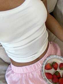 SHEIN EZwear 女裝夏季海灘假期條紋紐扣短褲，舒適短褲 - 粉色 - 查看 5