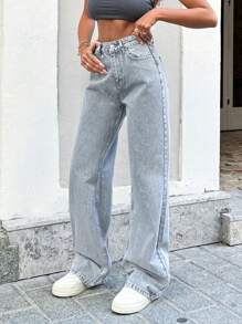 Cottnline 100%Cotton Women's Front Button Multiple Pockets Wide Leg Jeans, Casual Everyday Wear - Grey - View 6