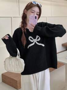 DAZY Crew Neck Langarm Schleifenmuster Pullover für den Lässig Alltag, Herbstkleidung - Schwarz - Übersicht 7