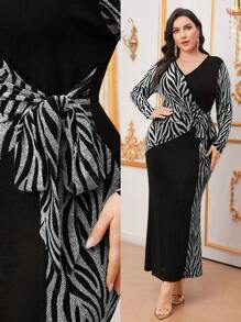 Modelyn Plus Size Women's Zebra Stripe Patchwork Waist Tie Long Sleeve Dress Long Evening Dresses - Silver - View 1