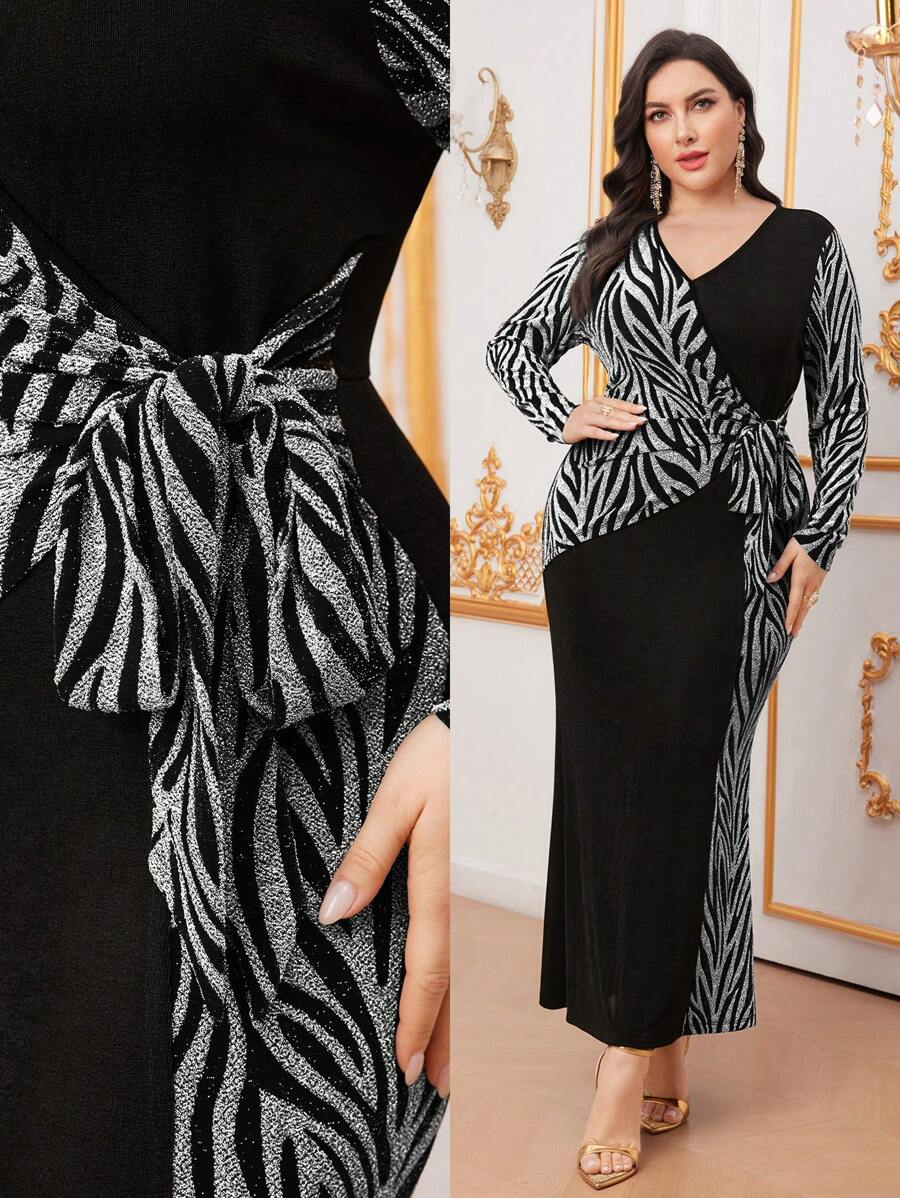 Modelyn Plus Size Women's Zebra Stripe Patchwork Waist Tie Long Sleeve Dress Long Evening Dresses - Silver - View 1