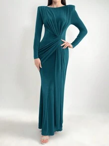 Modelyn 女士优雅纯色垫肩褶皱腰连衣裙，春秋长款晚礼服