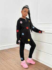 SHEIN Leap Crew 2 件套 Tween Girls 宽松花卉刺绣连帽衫和阔腿运动裤套装 - 黑色 - 查看 3