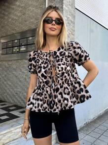 Forever 21 Women's Leopard Print Tie Front Ruffled Hem Short Puff Sleeve Blouse, Summer
