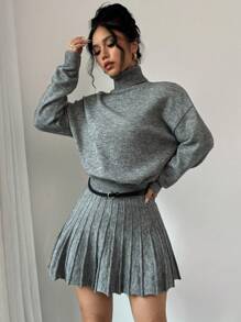 Rafferiza Bộ 2 chiếc váy xếp ly rộng màu trơn và áo len cổ lọ - Màu xám đen - Xem 8