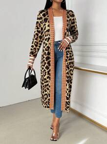 SHEIN Clasi 女士豹纹拼布长袖休闲开衫 - 卡其色 - 查看 6