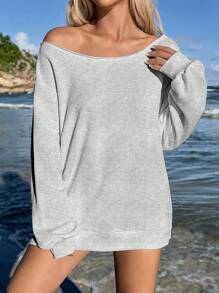 Muchica 花卉灰色女士宽松露肩长袖运动衫，秋季运动衫