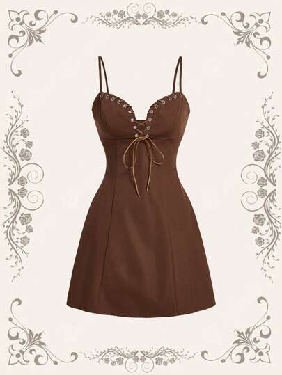 SHEIN MOD 大码夏季 70 年代棕色金属孔眼抽绳复古校服，外出，西式风格