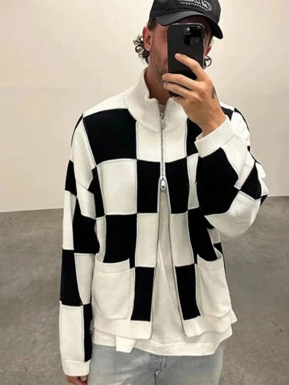 Manfinity Roghcode Chaqueta de punto con cremallera de estampado cuadrado de color block para hombre