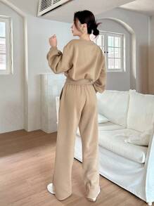 DAZY 2pcs Women's Loose Solid Color Cropped Sweatshirt And Pants Set,Fall Clothes,Thermal Lined Lounge Sets For Women - Apricot - View 2