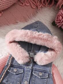 SHEIN Baby Girls' Plush Hooded Jacket & Ribbed Long Sleeve Casual Dress 2pcs Outfit, Autumn/Winter