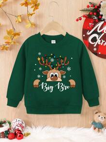 SHEIN 5 piezas/set Sudadera de felpa con estampado de reno, luces, copos de nieve y letras casual para niños pequeños, adecuada para fiesta familiar navideña, otoño/invierno - Verde Oscuro - Ver 3