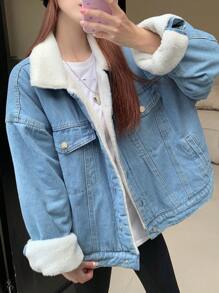 DAZY Women Shearling Patchwork Denim Jacket - Medium Wash - View 6