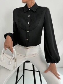 Modelyn Chemise à manches lanterne de couleur unie décontractée pour femmes, printemps automne