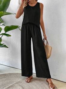 Breezaya Vacation Casual Solid Color Cami & Wide Leg Pants 2pcs Set - Black - View 4