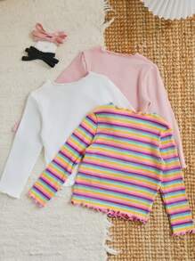 SHEIN Young Girl  3pcs /Sets  Basic  Knitted Solid Color Round Neck Flower And Letter Pattern Casual Long Sleeve  Lettuce Trim T-Shirt - Multicolor - View 7