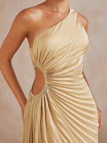 L'Amorae Asymmetric One Shoulder Satin Pleated Dress With Cut Out - Khaki - View 2