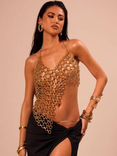 MUSERA Top assimétrico com decote halter e correntes, estilo boho, perfeito para férias na praia em Ibiza, baladas, festivais, raves e festas. Ideal para a e o verão.