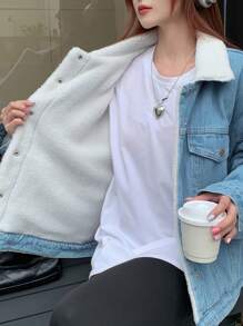 DAZY Women Shearling Patchwork Denim Jacket - Medium Wash - View 7